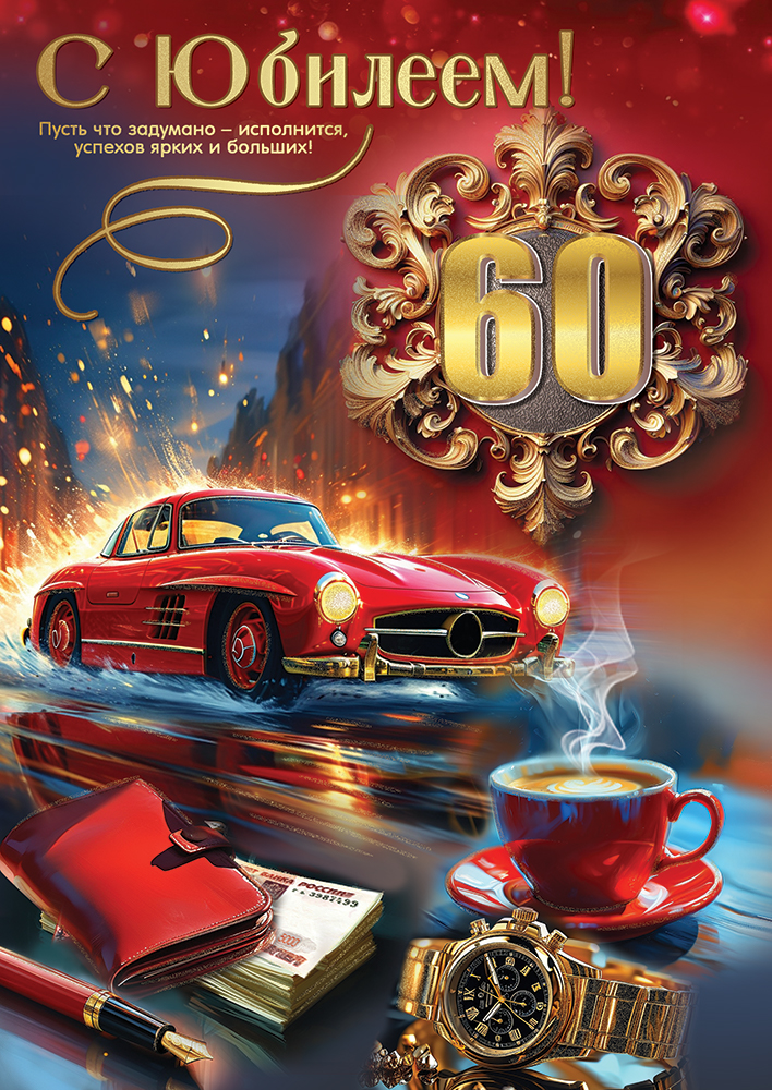 

5.0000547 Открытка А4 С Юбилеем! 60 (муж) С текстом Блестки